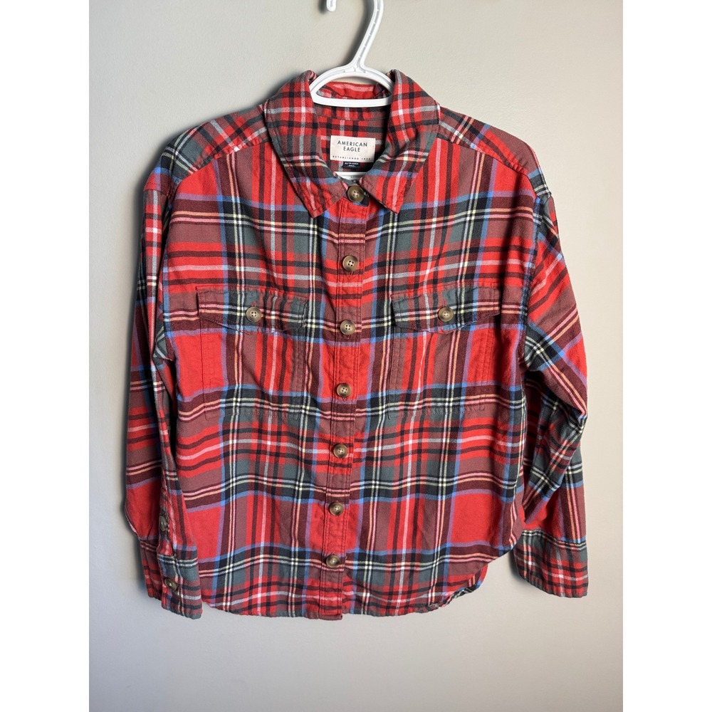 American Eagle Womens Red Plaid Flannel Shirt XS Grunge Cabincore Fall Layering